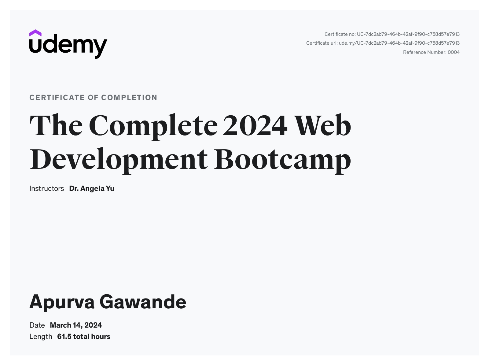 Web Development Bootcamp Certificate